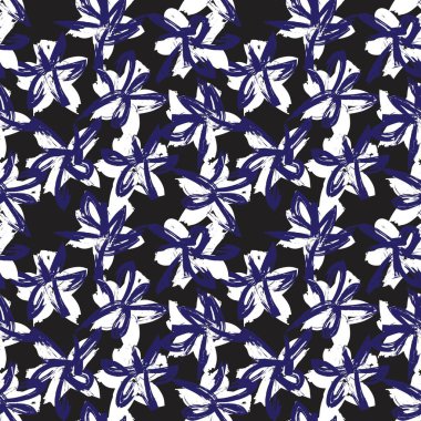 Mavi çiçekli fırça darbeleri moda baskıları, grafikler, arka planlar ve el sanatları için pürüzsüz desenli arka plan