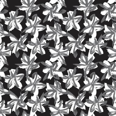 Siyah ve Beyaz Çiçek fırça darbeleri moda baskıları, grafikler, arka planlar ve el sanatları için pürüzsüz desenli arka plan