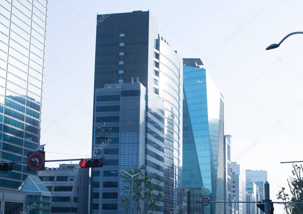 Contemporary architecture office building cityscape. Personal perspective concept. High-rise buildings against sky in city. Architecturally beautiful buildings. View of the city and skyscrapers.