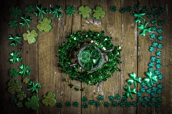 Patricks Day Composition Shamrock Wreath Shamrocks Silver Pot Old Rustic — Stock Photo, Image