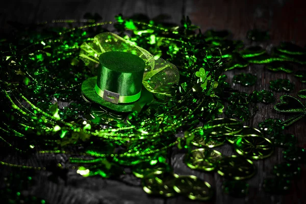 Patricks Day Sammansättning Schampo Mynt Pyssling Hatt Vintage Stil Trä — Stockfoto