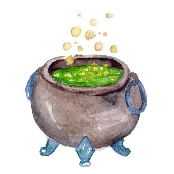 巫婆大锅与绿色药水水彩图像 — 图库照片