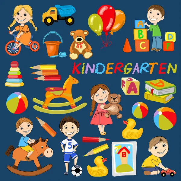 Patrón de jardín de infantes vectorial con niños y niñas — Archivo Imágenes Vectoriales