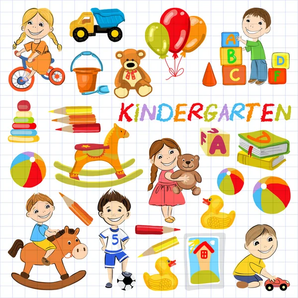 Vector kindergarten pattern with boys and girls — Stock Vector