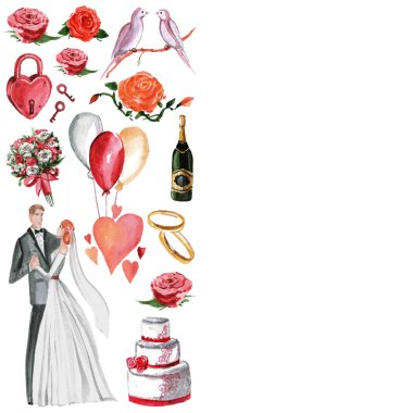 Suluboya düğün desen damat, Gelin, Kalpler, davet