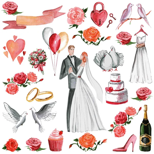Aquarell Hochzeitsmuster Bräutigam, Braut, Herzen, Einladung — Stockfoto