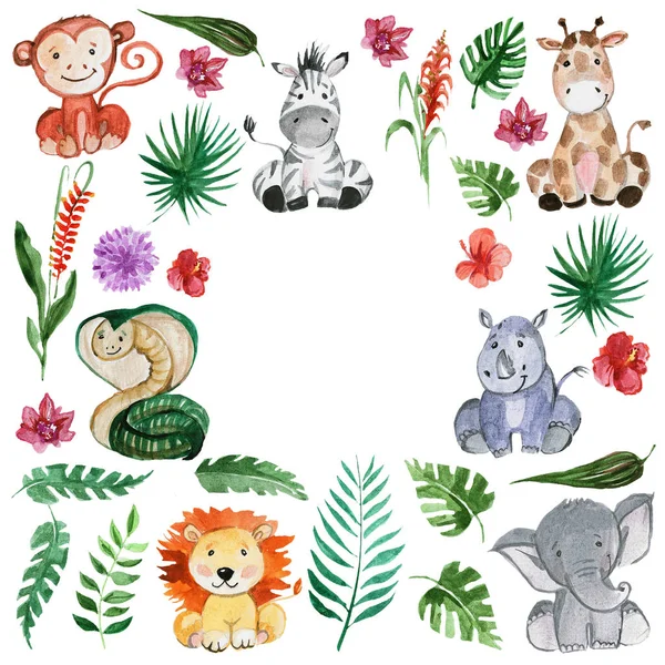 Watercolor jungle friends Animals, africa, tropical leaves — Stock Photo, Image