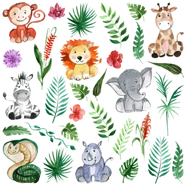 Watercolor jungle friends Animals, africa, tropical leaves — Stock Photo, Image