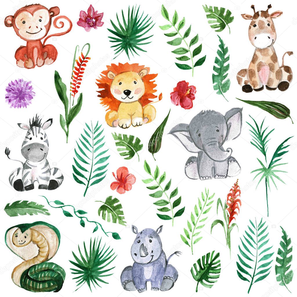 Watercolor jungle friends Animals, africa, tropical leaves — Stock