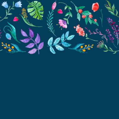 Çiçekler, tropikal bitkiler ve yaprak suluboya desenle