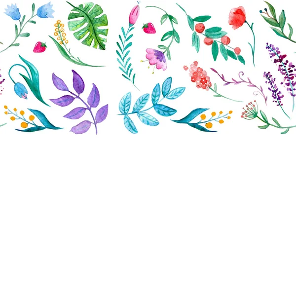 Akvarell minta, trópusi növények, virágok és levelek — Stock Fotó