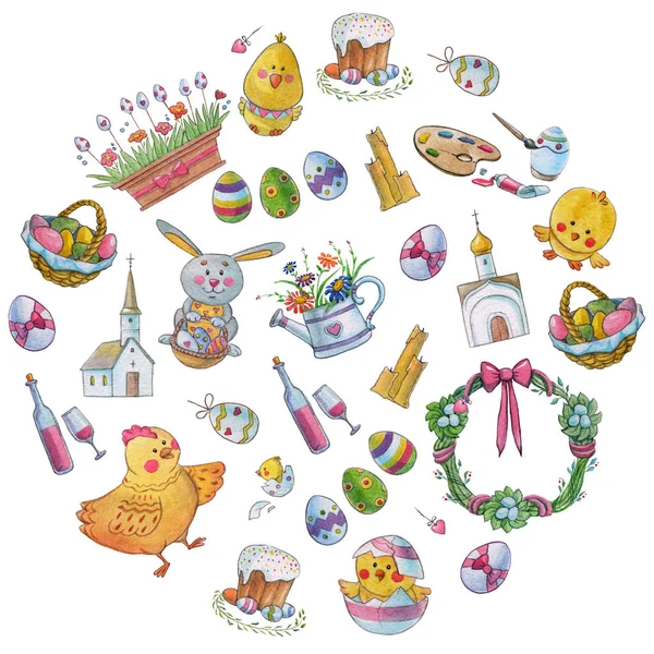 Easter watercolor pattern Egg, chicken, rabbit — Stock Photo, Image