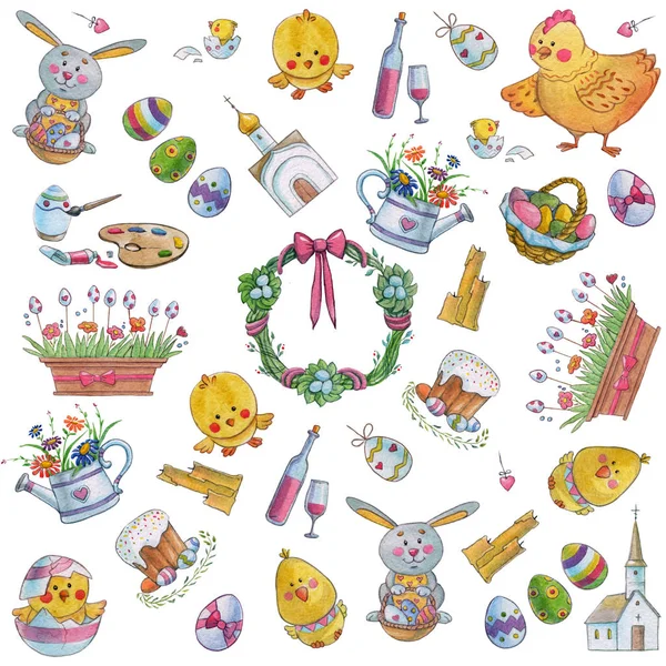 Easter watercolor pattern Egg, chicken, rabbit — Stock Photo, Image