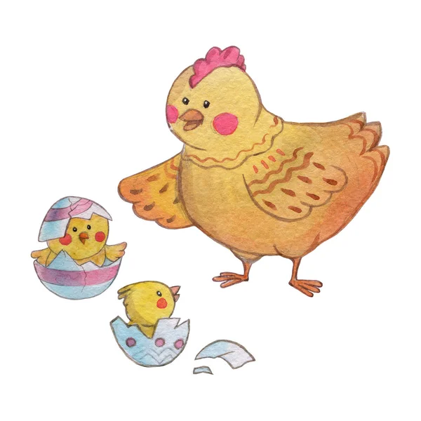 Kip met kleine kuikens kinderdagverblijf, kleuterschool, Pasen briefkaart — Stockfoto