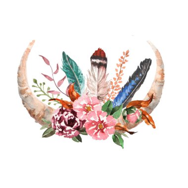 Suluboya boho chic görüntü çiçekler, tüyler, hayvan elemanları