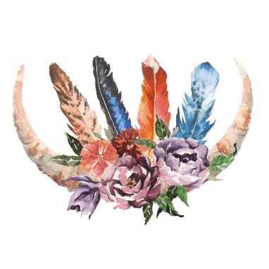 Suluboya boho chic görüntü çiçekler, tüyler, hayvan elemanları