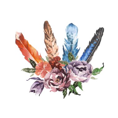 Suluboya boho chic görüntü çiçekler, tüyler, hayvan elemanları