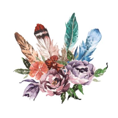 Suluboya boho chic görüntü çiçekler, tüyler, hayvan elemanları