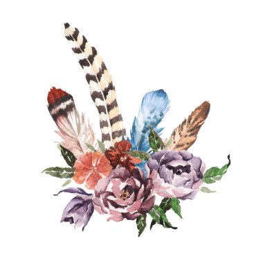 Suluboya boho chic görüntü çiçekler, tüyler, hayvan elemanları