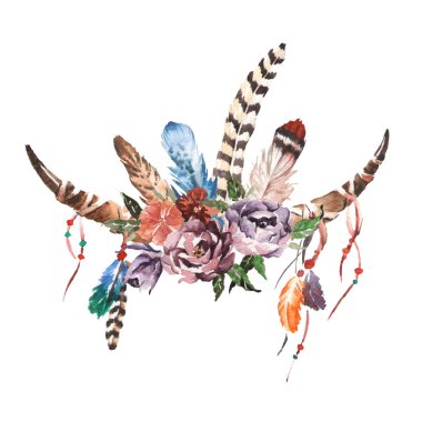 Suluboya boho chic görüntü çiçekler, tüyler, hayvan elemanları