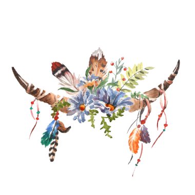 Suluboya boho chic görüntü çiçekler, tüyler, hayvan elemanları