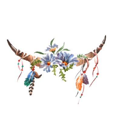 Suluboya boho chic görüntü çiçekler, tüyler, hayvan elemanları