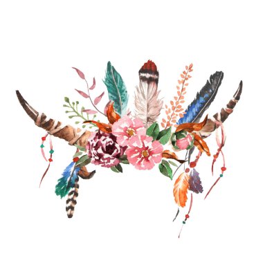 Suluboya boho chic görüntü çiçekler, tüyler, hayvan elemanları