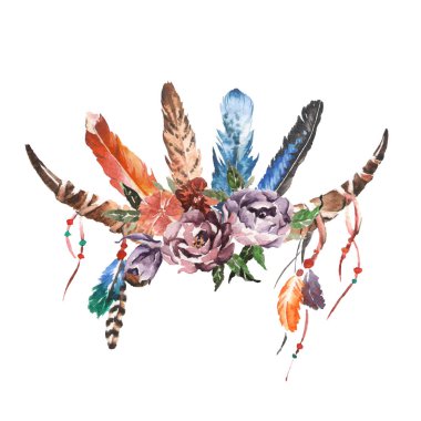 Suluboya boho chic görüntü çiçekler, tüyler, hayvan elemanları