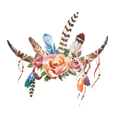 Suluboya boho chic görüntü çiçekler, tüyler, hayvan elemanları