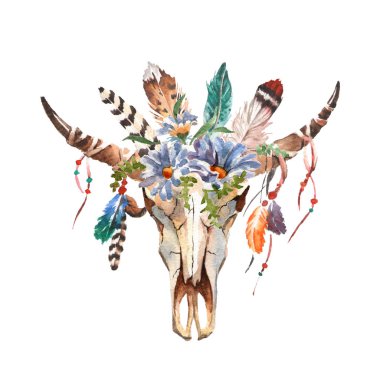 Suluboya boho chic görüntü çiçekler, tüyler, hayvan elemanları