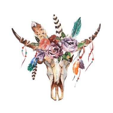 Suluboya boho chic görüntü çiçekler, tüyler, hayvan elemanları