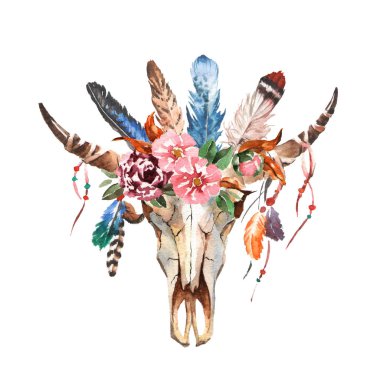 Suluboya boho chic görüntü çiçekler, tüyler, hayvan elemanları