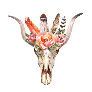 Suluboya boho chic görüntü çiçekler, tüyler, hayvan elemanları