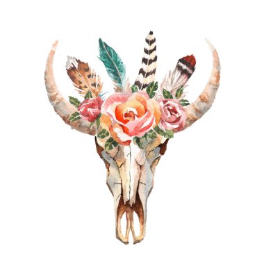 Suluboya boho chic görüntü çiçekler, tüyler, hayvan elemanları