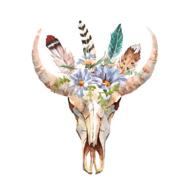Suluboya boho chic görüntü çiçekler, tüyler, hayvan elemanları
