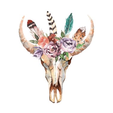Suluboya boho chic görüntü çiçekler, tüyler, hayvan elemanları
