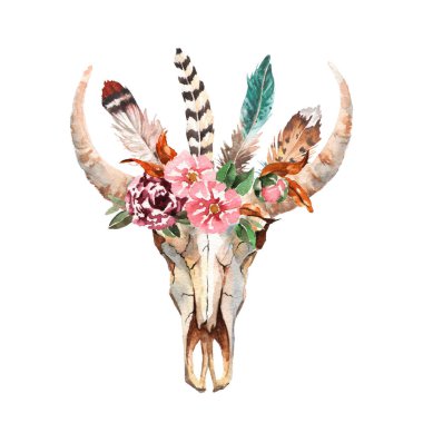 Suluboya boho chic görüntü çiçekler, tüyler, hayvan elemanları