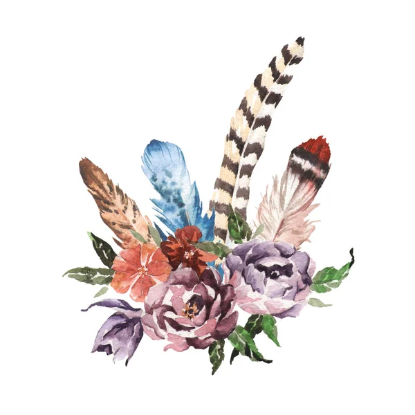 Aquarelle boho image chic Fleurs, plumes, éléments animaux — Photo