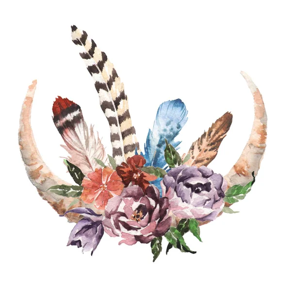 Akvarell boho elegáns kép virágok, tollak, állati elemek — Stock Fotó
