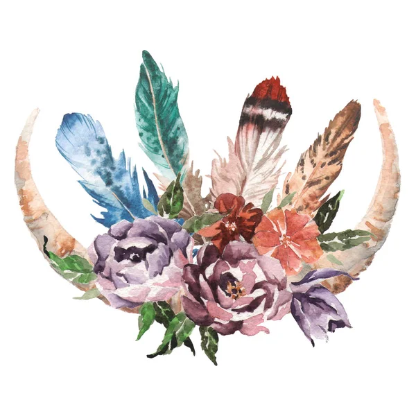 Suluboya boho chic görüntü çiçekler, tüyler, hayvan elemanları