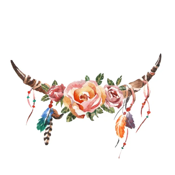 Watercolor boho chic image Flowers, feathers, animal elements — Stock Photo, Image