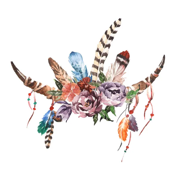 Watercolor boho chic image Flowers, feathers, animal elements — Stock Photo, Image