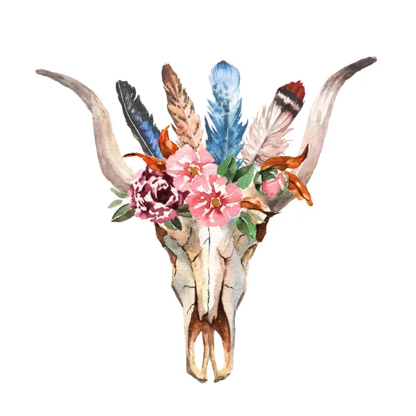 Акварель Бохо шикарне зображення Квіти, пір'я, елементи тварин — стокове фото