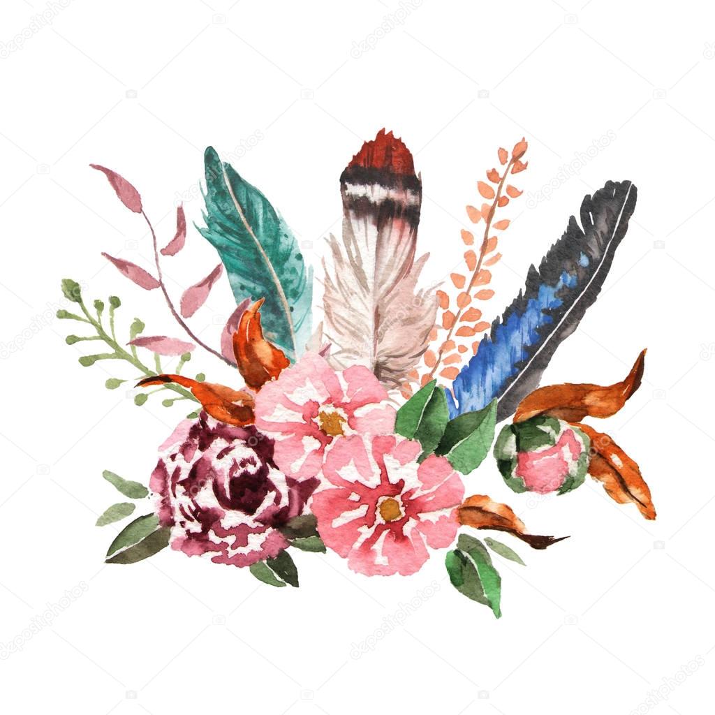 Watercolor boho chic image Flowers, feathers, animal elements