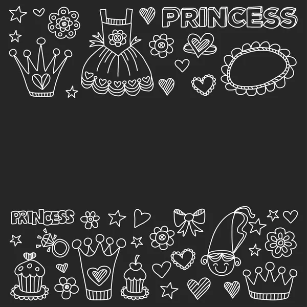 Princess Doodle ikoner för babyshower, leksaksaffär — Stock vektor