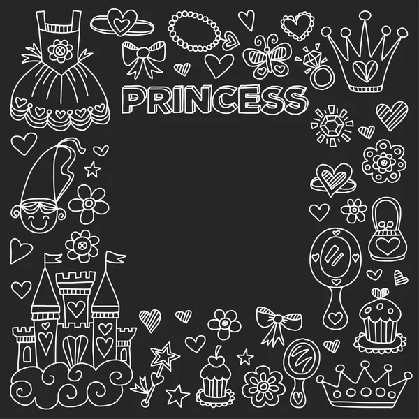 Princess Doodle ikoner för babyshower, leksaksaffär — Stock vektor