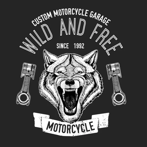 야생 늑대 벡터 이미지를 오토바이 t-셔츠, 문신, 오토바이 클럽, 오토바이 로고 — 스톡 벡터