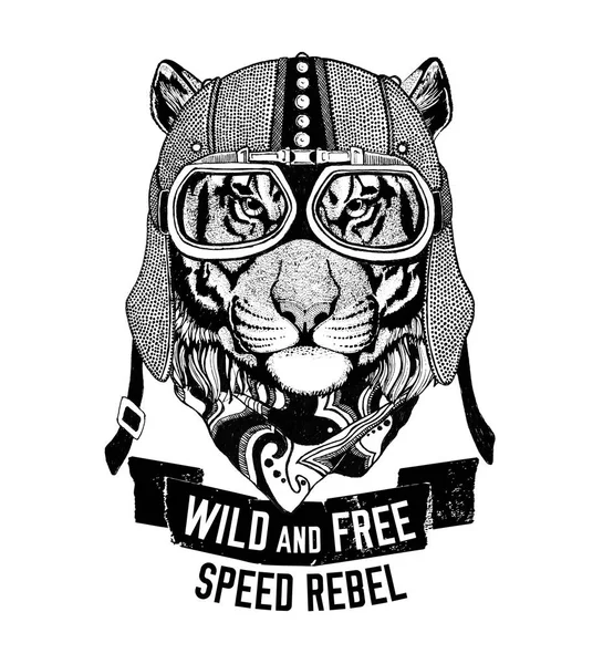 Wilder Tiger wilde Katze sein wild und frei T-Shirt Emblem, Vorlage Biker, Motorrad-Design handgezeichnete Illustration — Stockfoto