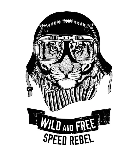 Wilder Tiger wilde Katze sein wild und frei T-Shirt Emblem, Vorlage Biker, Motorrad-Design handgezeichnete Illustration — Stockfoto