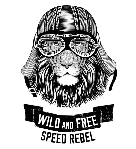 Wild lion Wild cat Seja selvagem e livre T-shirt emblema, modelo Motociclista, projeto da motocicleta ilustração desenhada à mão — Fotografia de Stock